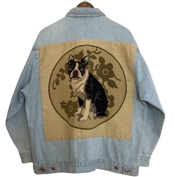 Vintage Jackets & Blazers - Vintage Jean Jacket Womens Large Light Blue Boston Terrier Dog Tapestry Oversize